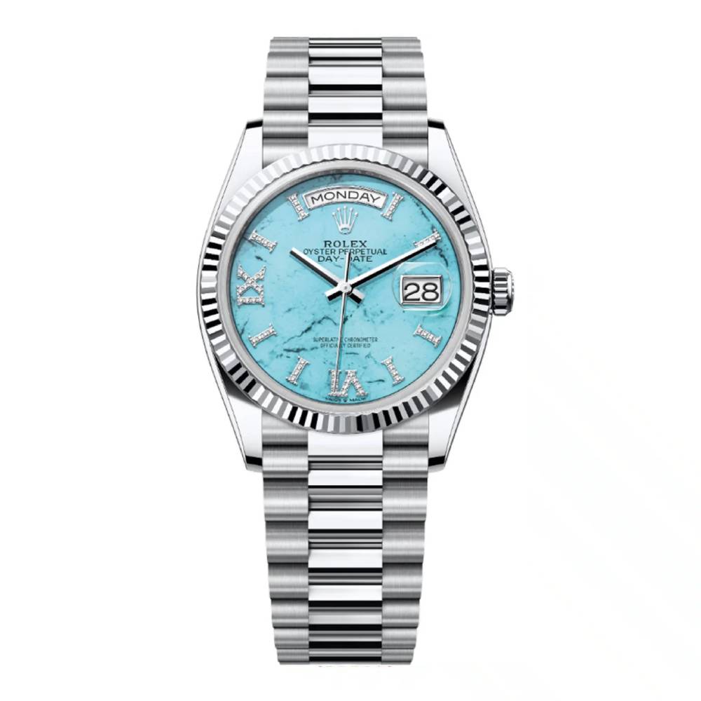 Rolex Day Date 36mm - Ref: 128236 - Blue Turquoise Dial & Fluted Bezel, 18K White Gold President Bracelet Watch