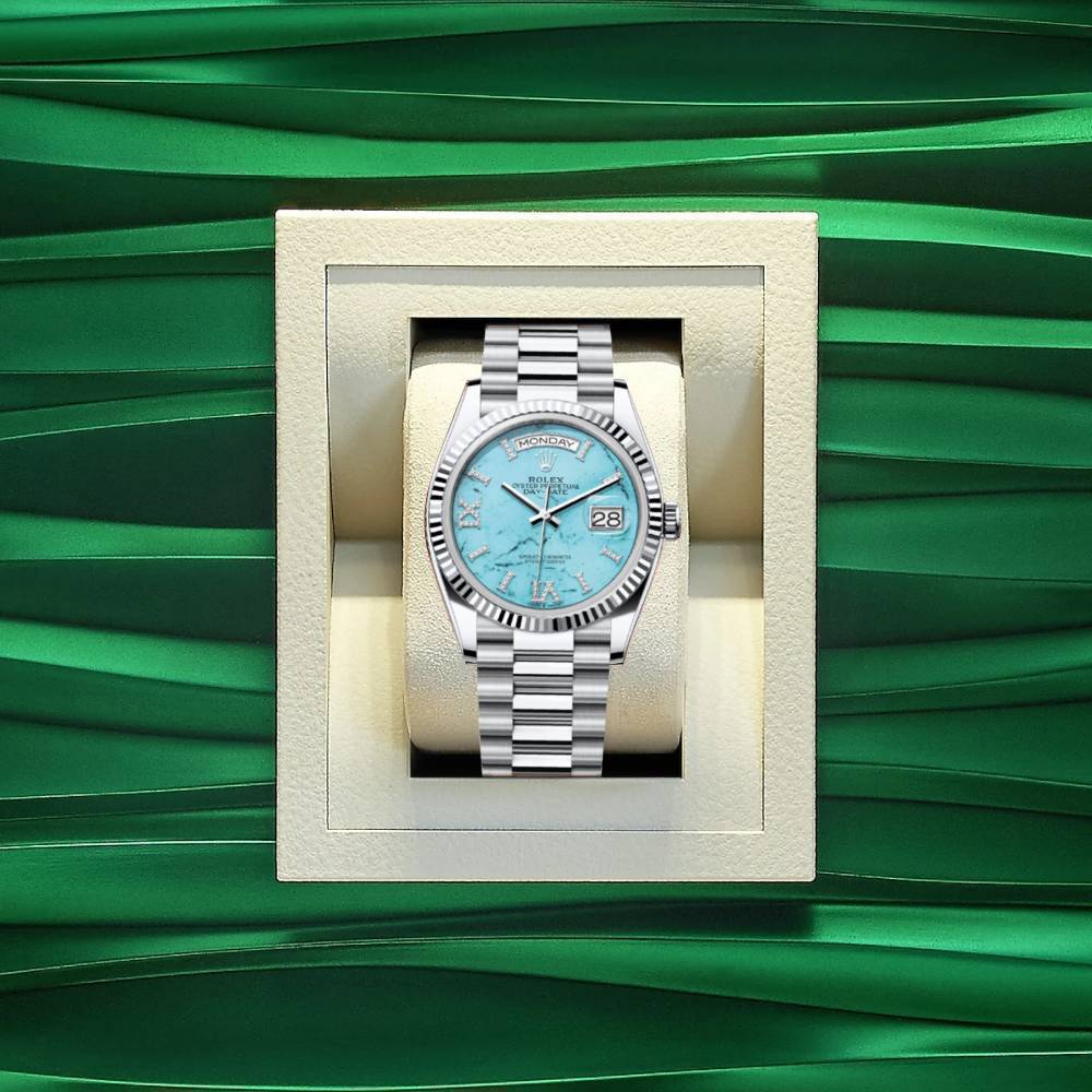 Rolex Day Date 36mm - Ref: 128236 - Blue Turquoise Dial & Fluted Bezel, 18K White Gold President Bracelet Watch