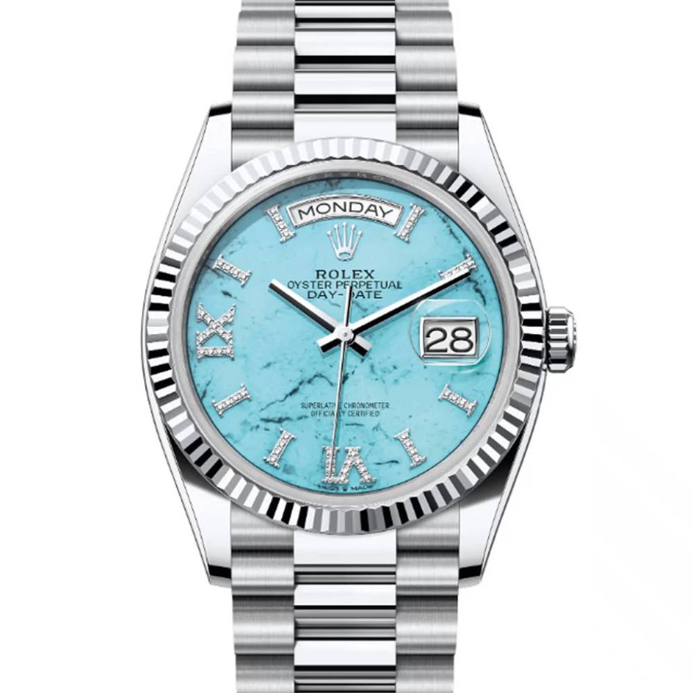 Rolex Day Date 36mm - Ref: 128236 - Blue Turquoise Dial & Fluted Bezel, 18K White Gold President Bracelet Watch