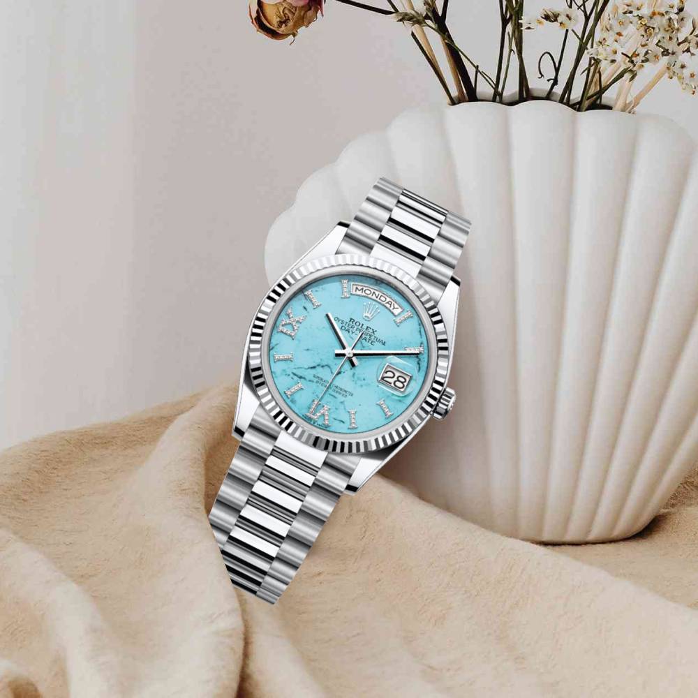 Rolex Day Date 36mm - Ref: 128236 - Blue Turquoise Dial & Fluted Bezel, 18K White Gold President Bracelet Watch