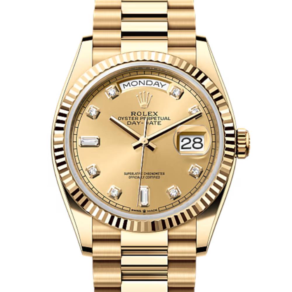 Rolex Day Date 36mm - Ref: 128238-0008 - Champagne Diamond Dial & Fluted Bezel, 18K Yellow Gold President Bracelet Watch