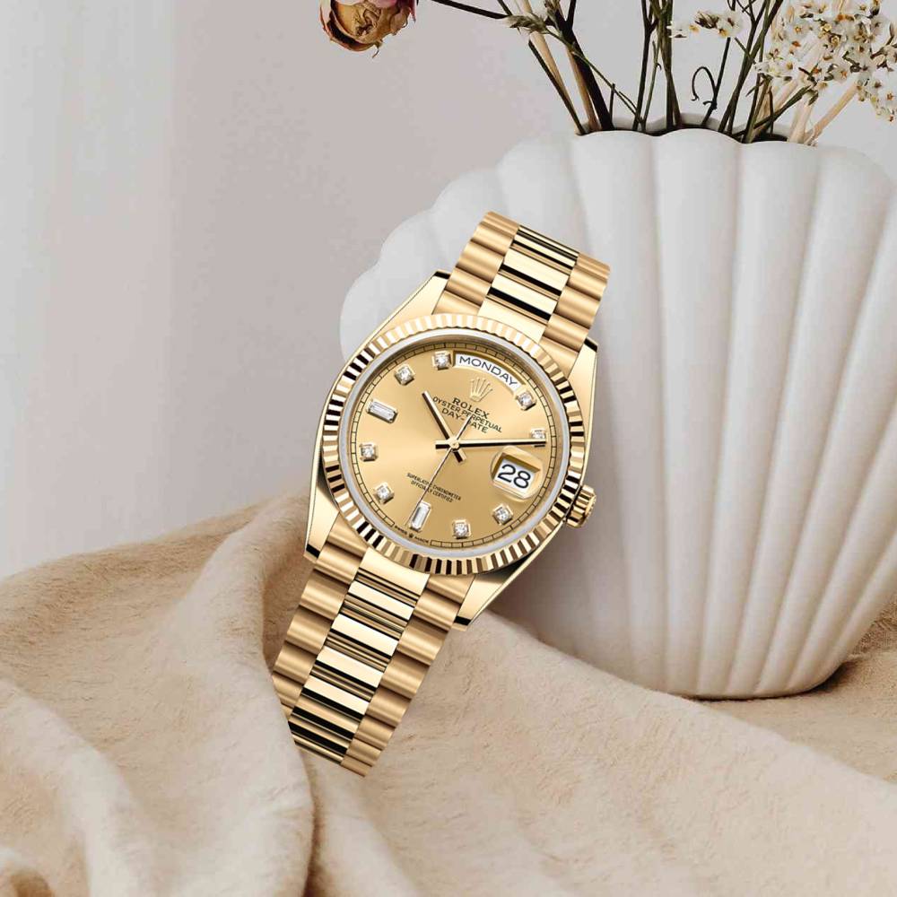 Rolex Day Date 36mm - Ref: 128238-0008 - Champagne Diamond Dial & Fluted Bezel, 18K Yellow Gold President Bracelet Watch