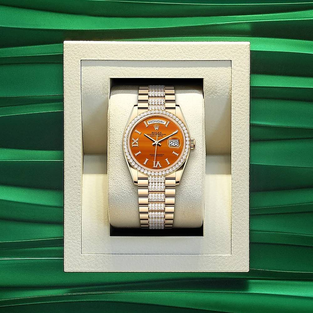 2024 Release Rolex Datejust 36mm - Ref: 128348rbr-0050 - Carnelian Orange Roman Diamond & Diamond Bezel, 18K Yellow Gold diamond Presidential Bracelet Watch