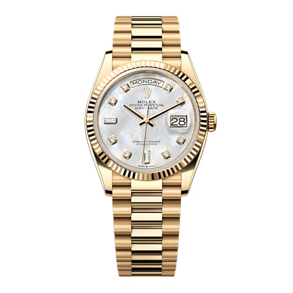 Rolex Day Date 36mm - Ref: 128238-0011 - White Mother of Pearl Diamond Dial & Fluted Bezel, 18K Yellow Gold President Bracelet Watch