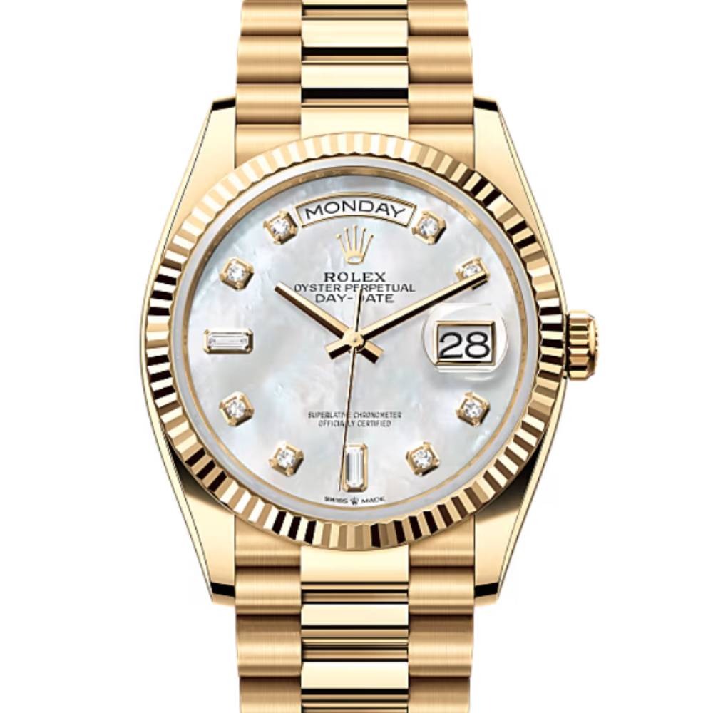 Rolex Day Date 36mm - Ref: 128238-0011 - White Mother of Pearl Diamond Dial & Fluted Bezel, 18K Yellow Gold President Bracelet Watch