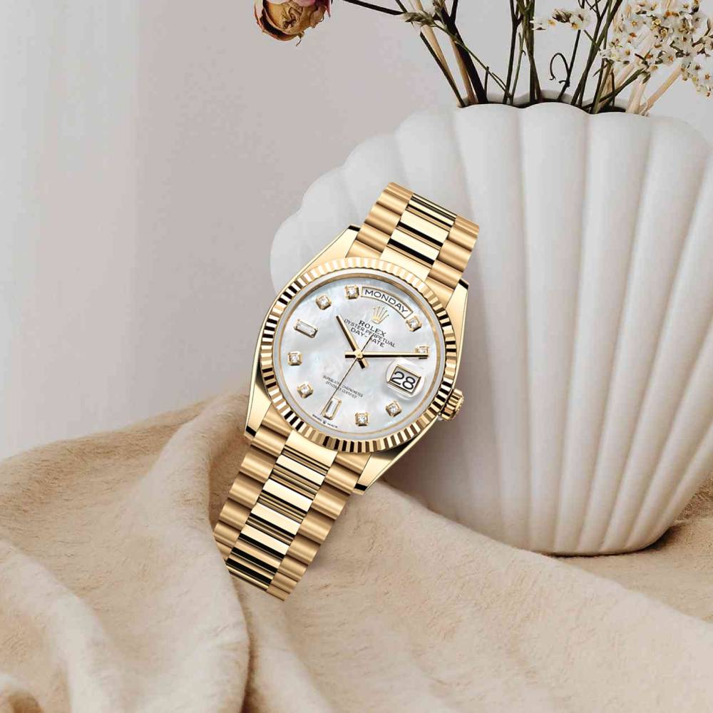 Rolex Day Date 36mm - Ref: 128238-0011 - White Mother of Pearl Diamond Dial & Fluted Bezel, 18K Yellow Gold President Bracelet Watch