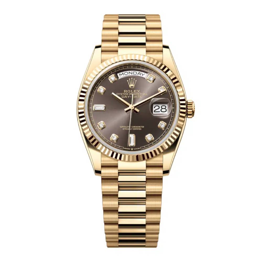 Rolex Day Date 36mm - Ref: 128238-0022 - Dark Grey Diamond Dial & Fluted Bezel, 18K Yellow Gold President Bracelet Watch