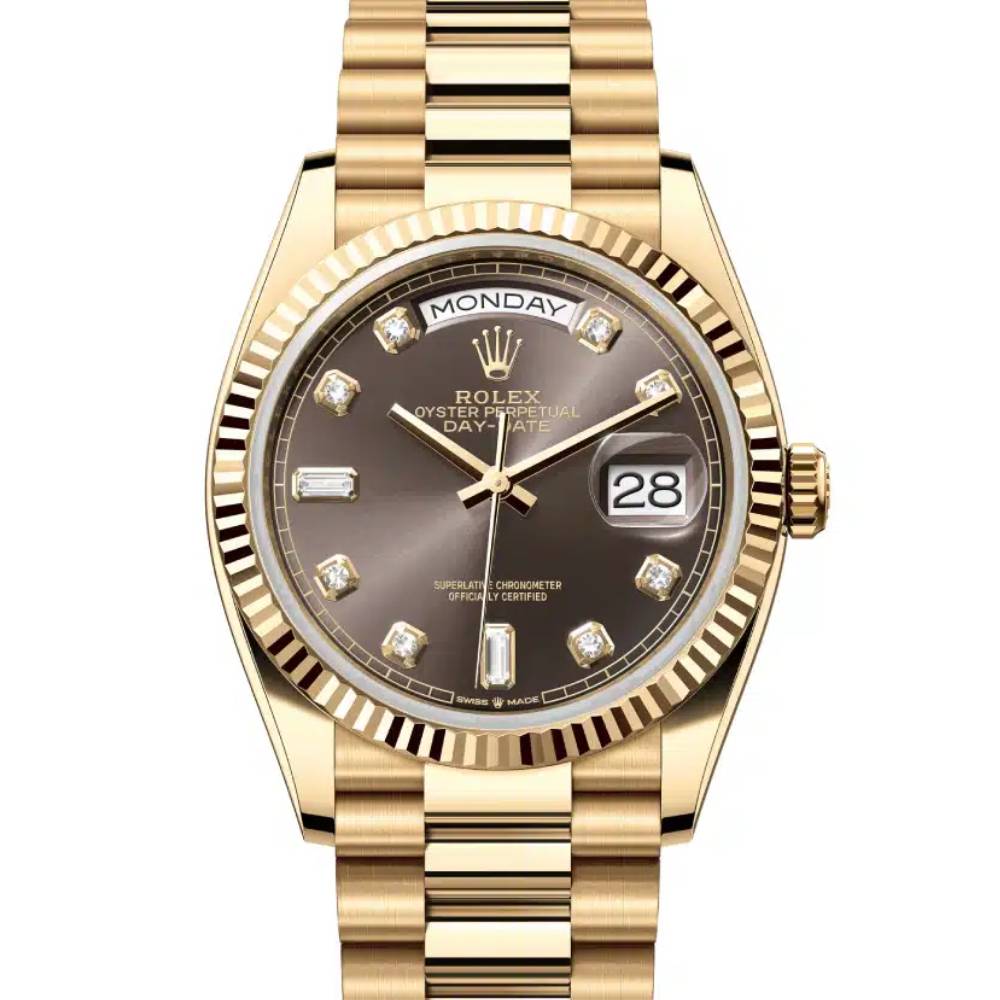 Rolex Day Date 36mm - Ref: 128238-0022 - Dark Grey Diamond Dial & Fluted Bezel, 18K Yellow Gold President Bracelet Watch