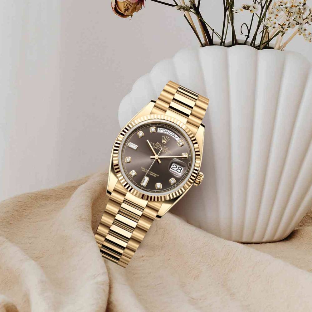 Rolex Day Date 36mm - Ref: 128238-0022 - Dark Grey Diamond Dial & Fluted Bezel, 18K Yellow Gold President Bracelet Watch