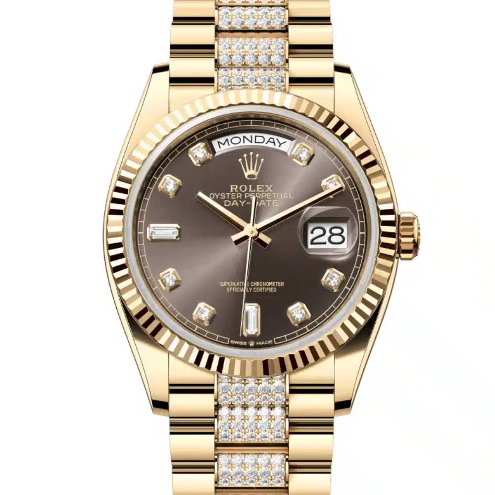 Rolex Day Date 36mm - Ref: 128238-0024 - Dark Grey Diamond Dial & Fluted Bezel, 18K Yellow Gold & Diamonds President Bracelet Watch