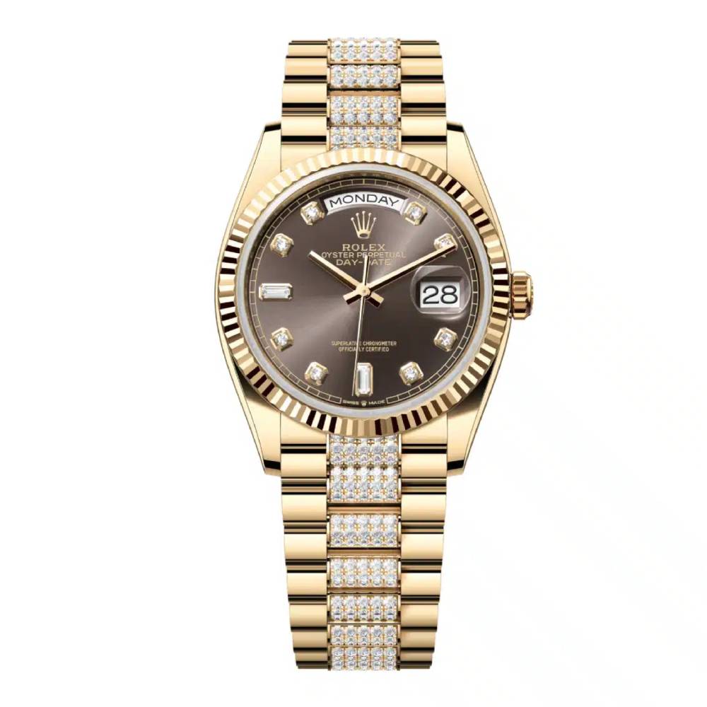 Rolex Day Date 36mm - Ref: 128238-0024 - Dark Grey Diamond Dial & Fluted Bezel, 18K Yellow Gold & Diamonds President Bracelet Watch