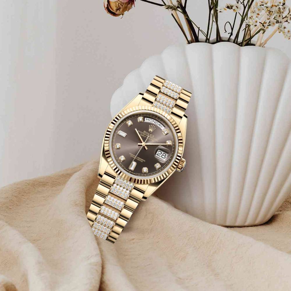 Rolex Day Date 36mm - Ref: 128238-0024 - Dark Grey Diamond Dial & Fluted Bezel, 18K Yellow Gold & Diamonds President Bracelet Watch