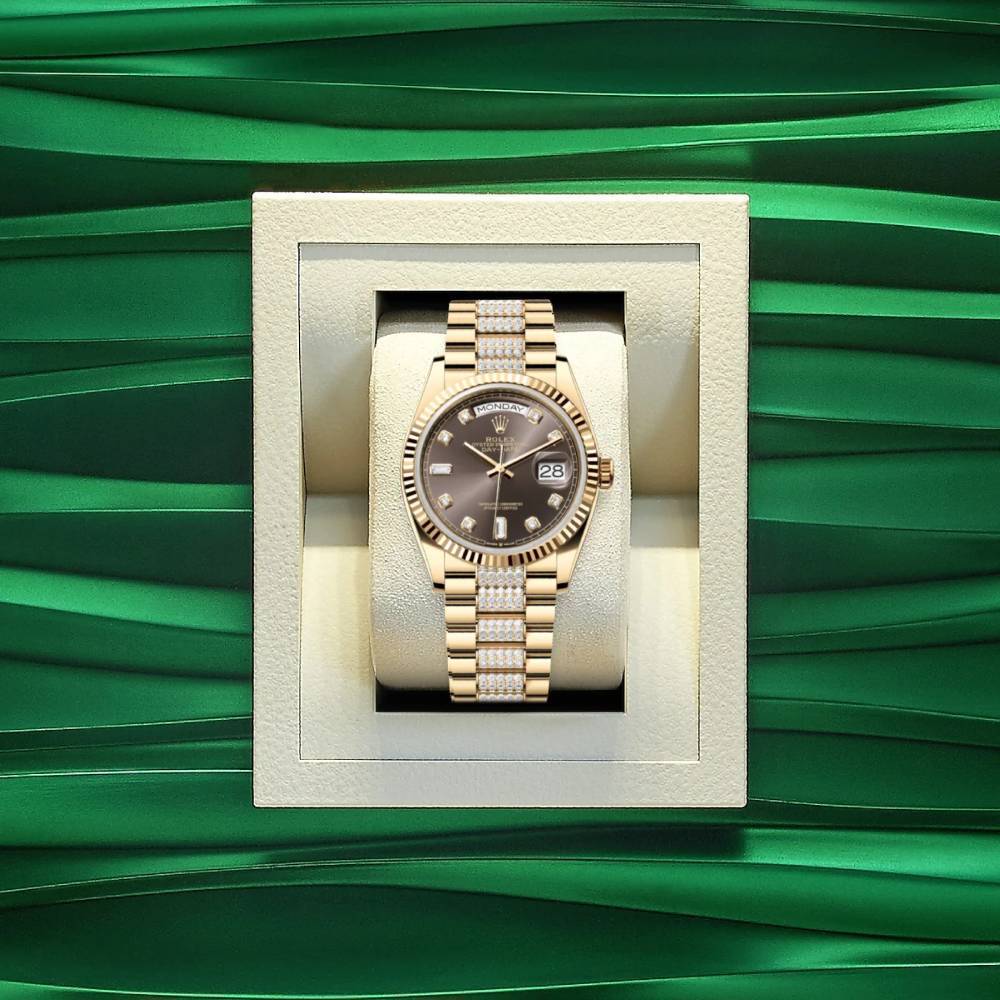 Rolex Day Date 36mm - Ref: 128238-0024 - Dark Grey Diamond Dial & Fluted Bezel, 18K Yellow Gold & Diamonds President Bracelet Watch