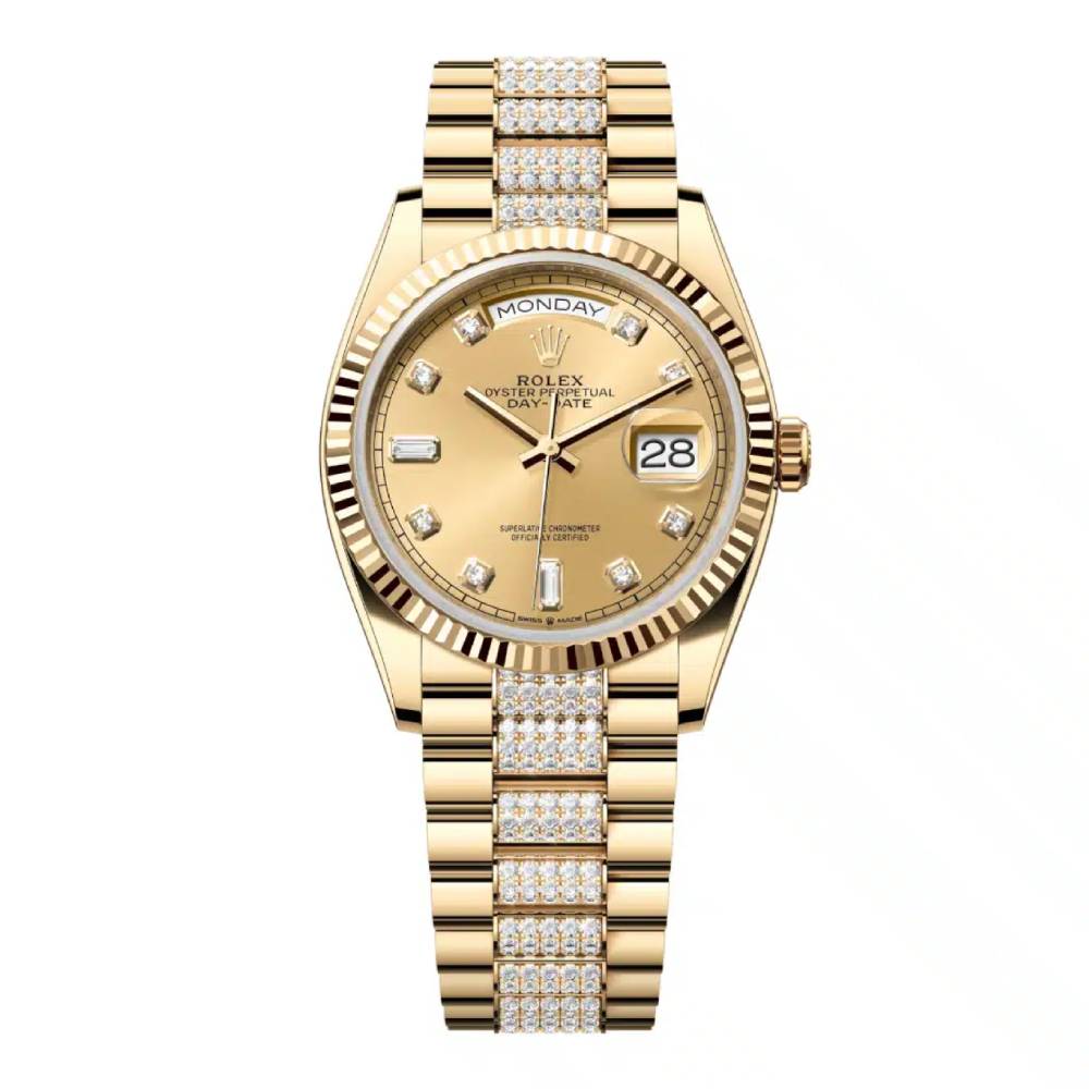 Rolex Day Date 36mm - Ref: 128238-0026 - Champagne Diamond Dial & Fluted Bezel, 18K Yellow Gold & Diamonds President Bracelet Watch