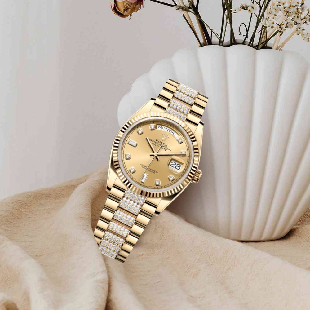 Rolex Day Date 36mm - Ref: 128238-0026 - Champagne Diamond Dial & Fluted Bezel, 18K Yellow Gold & Diamonds President Bracelet Watch