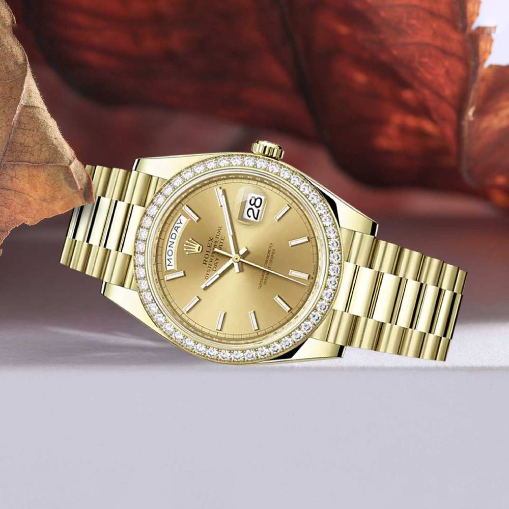 Rolex Day Date 40mm - Ref: 228348rbr-0008 - Champagne Stick Dial & Diamond Bezel, 18K Yellow Gold President Bracelet Men's Watch