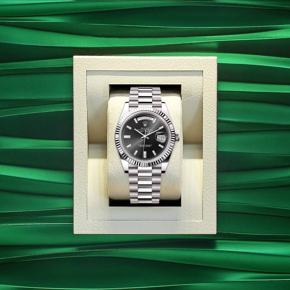 Rolex Day Date 40mm - Ref: 228239-0005 - Black Diamond Dial & Fluted Bezel, 18K White Gold President Bracelet Men's Watch