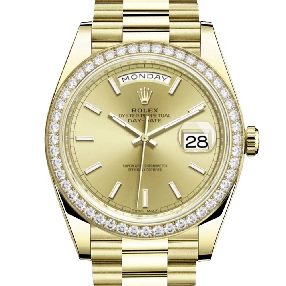 Rolex Day Date 40mm - Ref: 228348rbr-0008 - Champagne Stick Dial & Diamond Bezel, 18K Yellow Gold President Bracelet Men's Watch