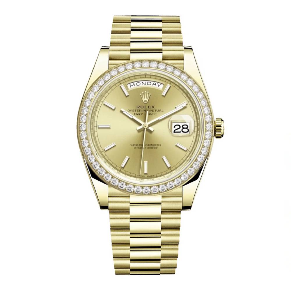 Rolex Day Date 40mm - Ref: 228348rbr-0008 - Champagne Stick Dial & Diamond Bezel, 18K Yellow Gold President Bracelet Men's Watch