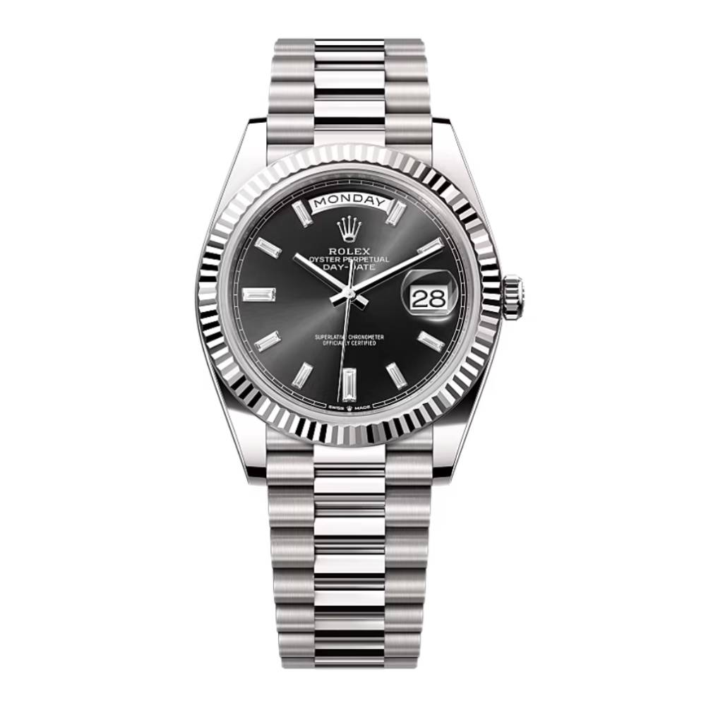 Rolex Day Date 40mm - Ref: 228239-0005 - Black Diamond Dial & Fluted Bezel, 18K White Gold President Bracelet Men's Watch