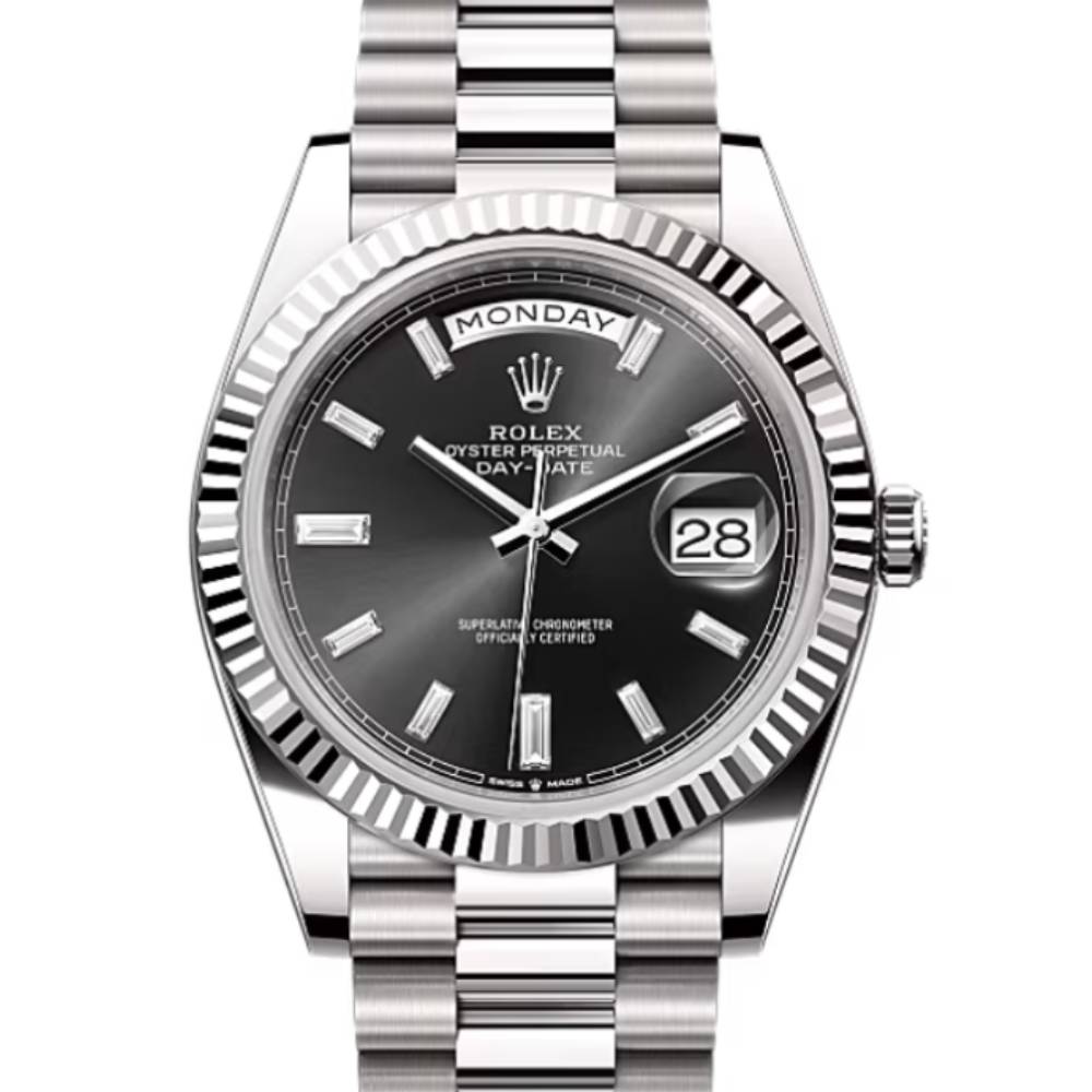 Rolex Day Date 40mm - Ref: 228239-0005 - Black Diamond Dial & Fluted Bezel, 18K White Gold President Bracelet Men's Watch