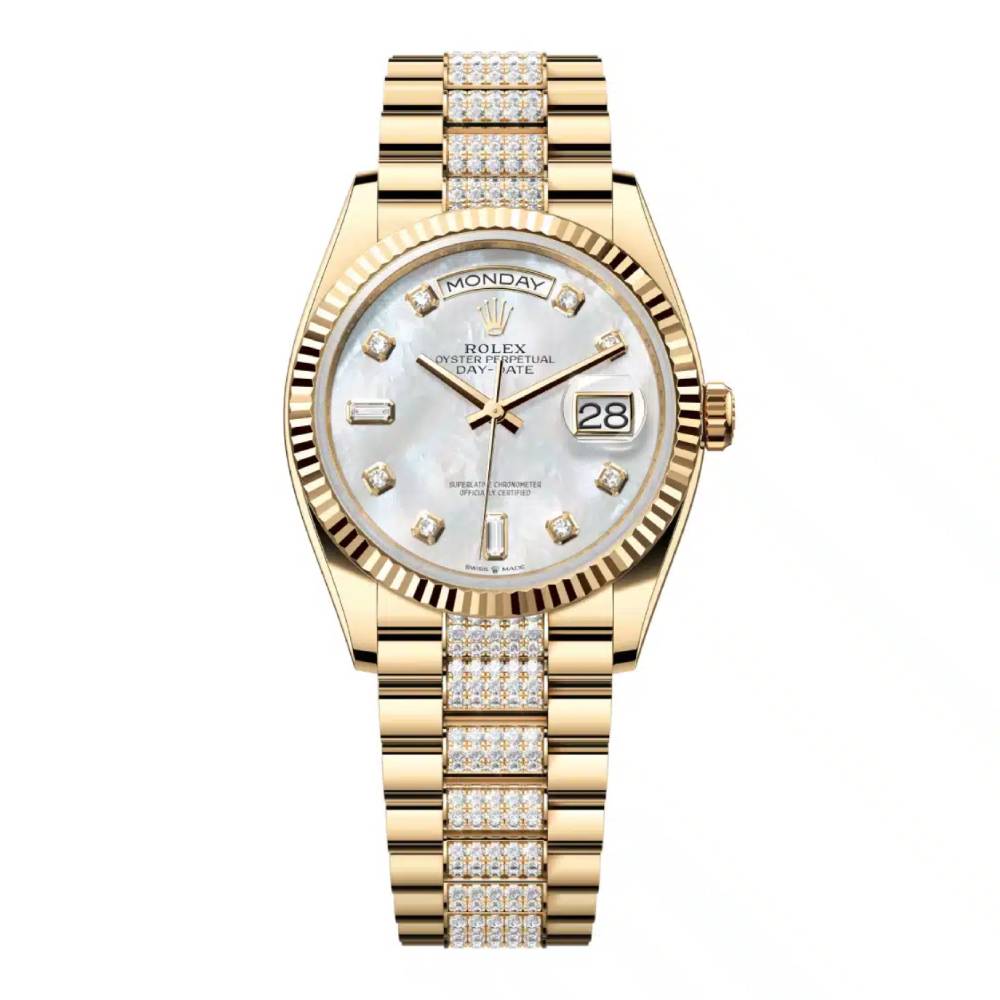 Rolex Day Date 36mm - Ref: 128238-0032 - White Mother of Pearl Diamond Dial & Fluted Bezel, 18K Yellow Gold & Diamonds President Bracelet Watch