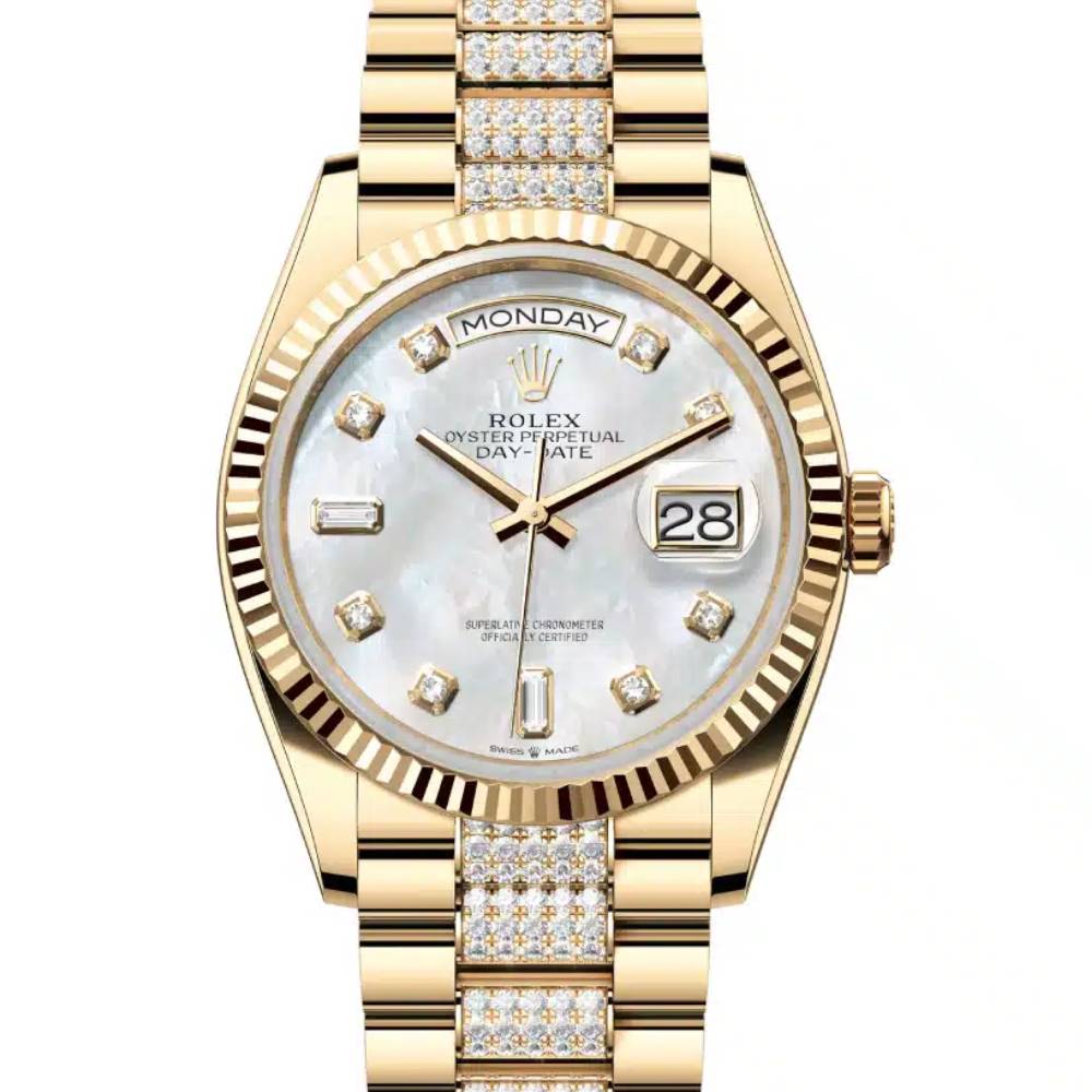 Rolex Day Date 36mm - Ref: 128238-0032 - White Mother of Pearl Diamond Dial & Fluted Bezel, 18K Yellow Gold & Diamonds President Bracelet Watch