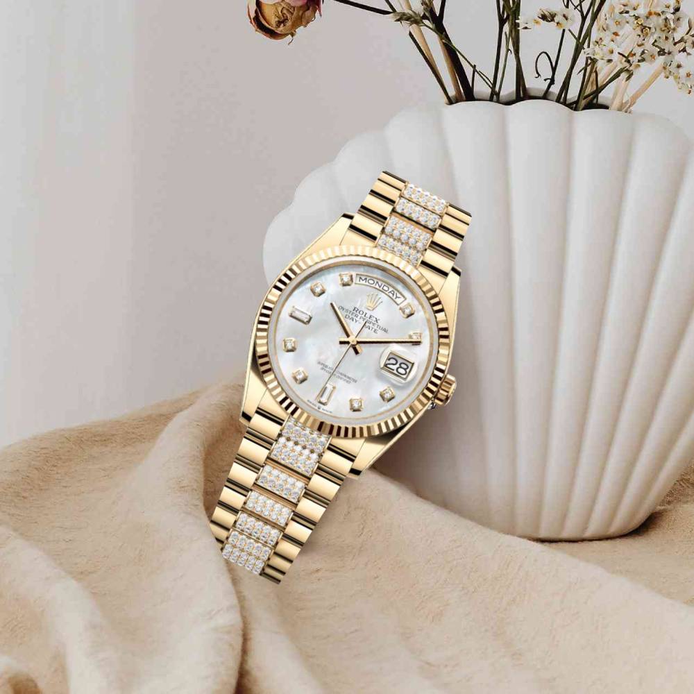 Rolex Day Date 36mm - Ref: 128238-0032 - White Mother of Pearl Diamond Dial & Fluted Bezel, 18K Yellow Gold & Diamonds President Bracelet Watch