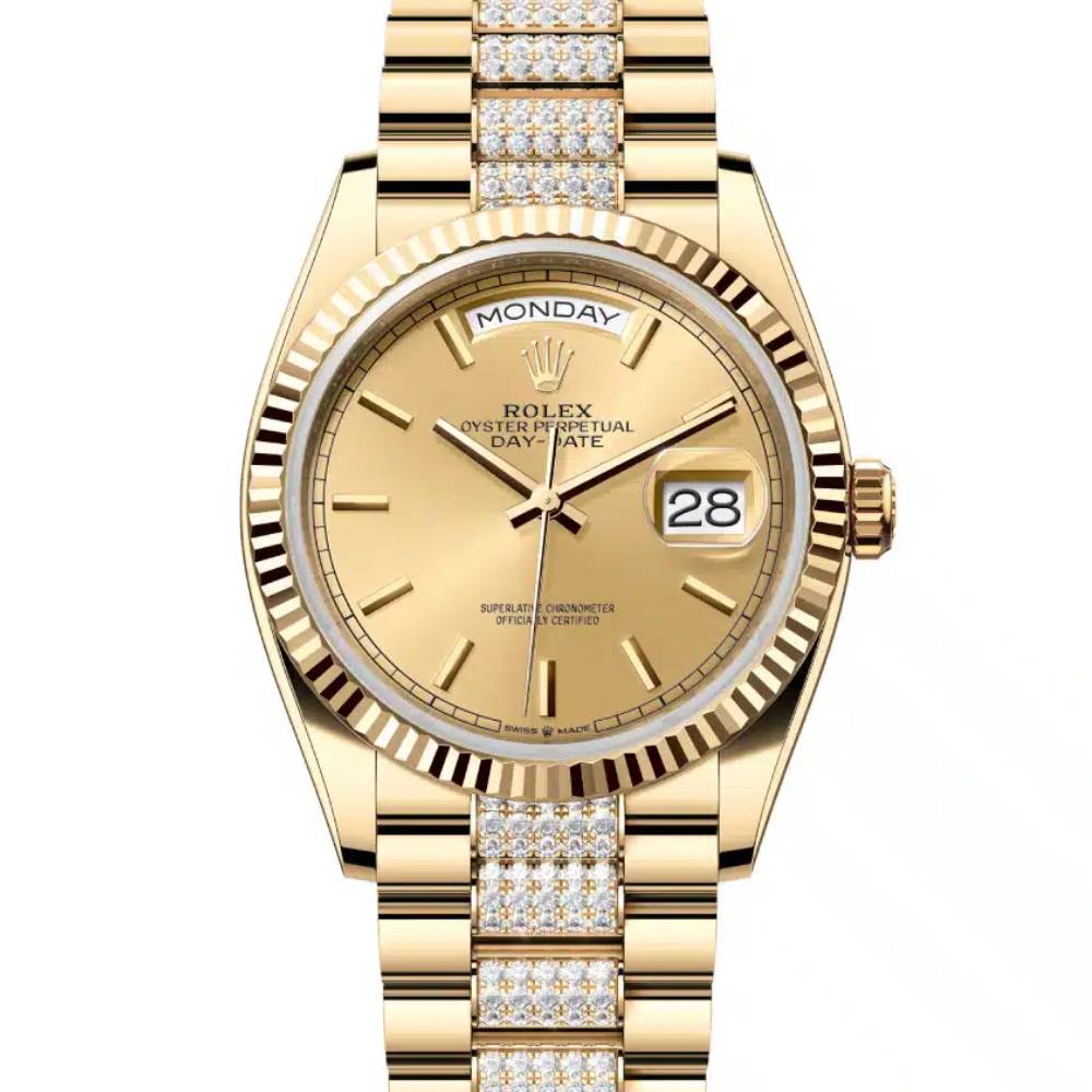 Rolex Day Date 36mm - Ref: 128238-0046 - Champagne Stick Dial & Fluted Bezel, 18K Yellow Gold & Diamonds President Bracelet Watch