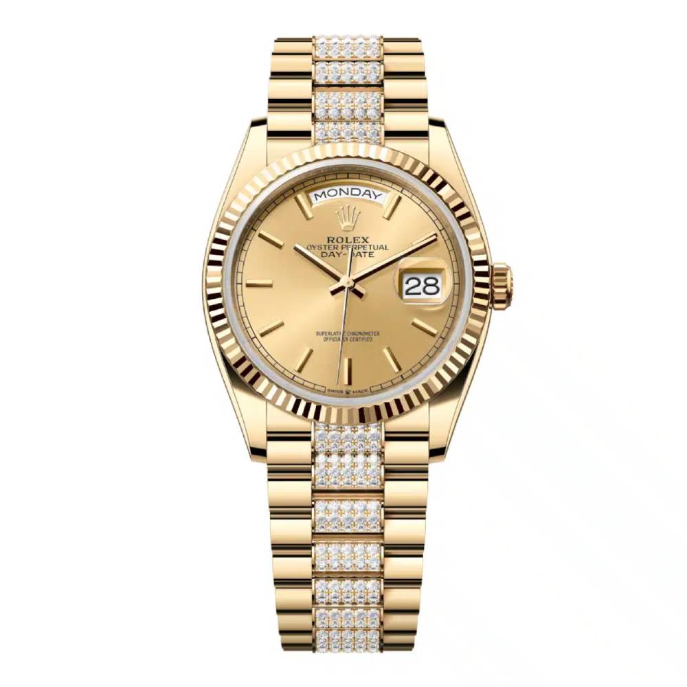 Rolex Day Date 36mm - Ref: 128238-0046 - Champagne Stick Dial & Fluted Bezel, 18K Yellow Gold & Diamonds President Bracelet Watch