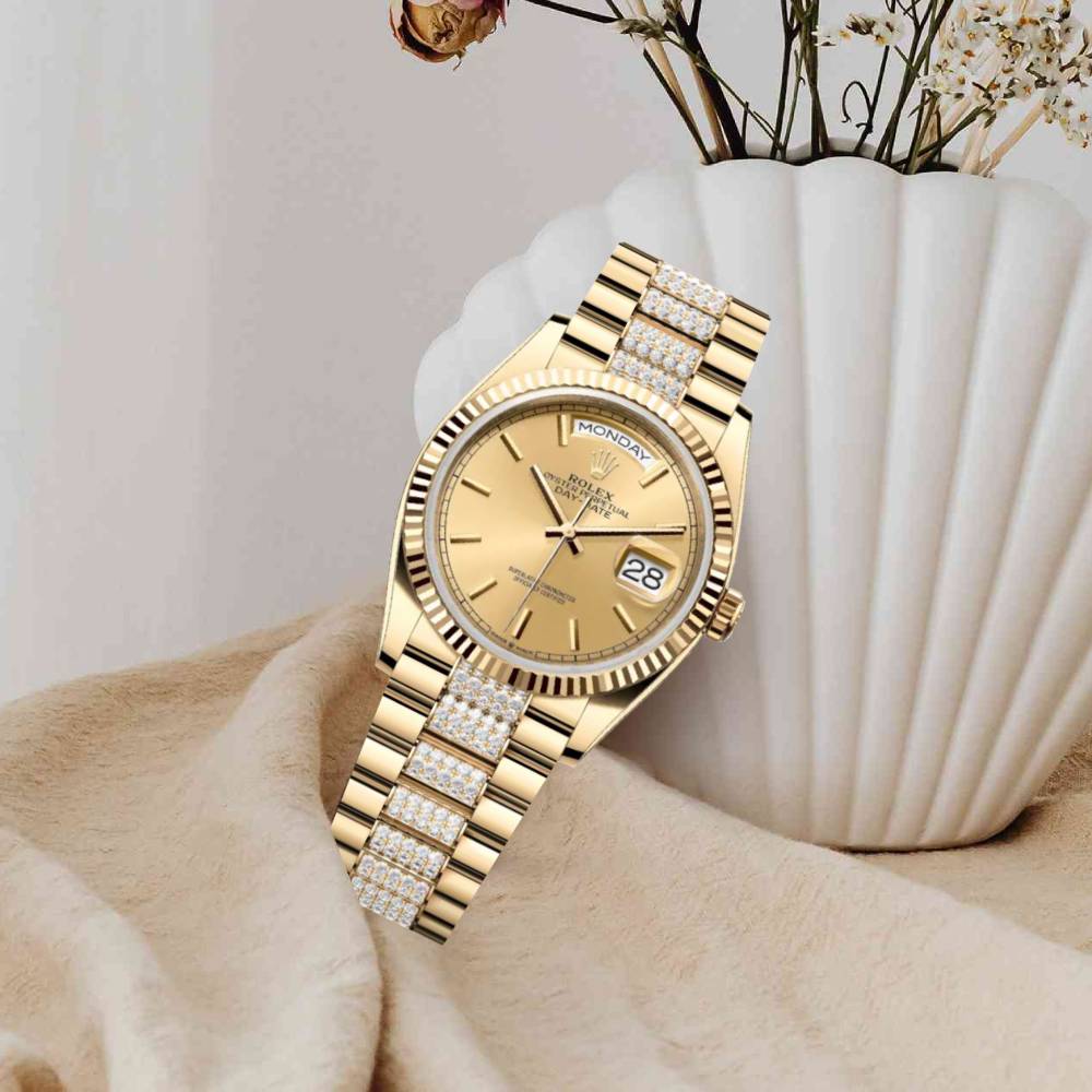 Rolex Day Date 36mm - Ref: 128238-0046 - Champagne Stick Dial & Fluted Bezel, 18K Yellow Gold & Diamonds President Bracelet Watch