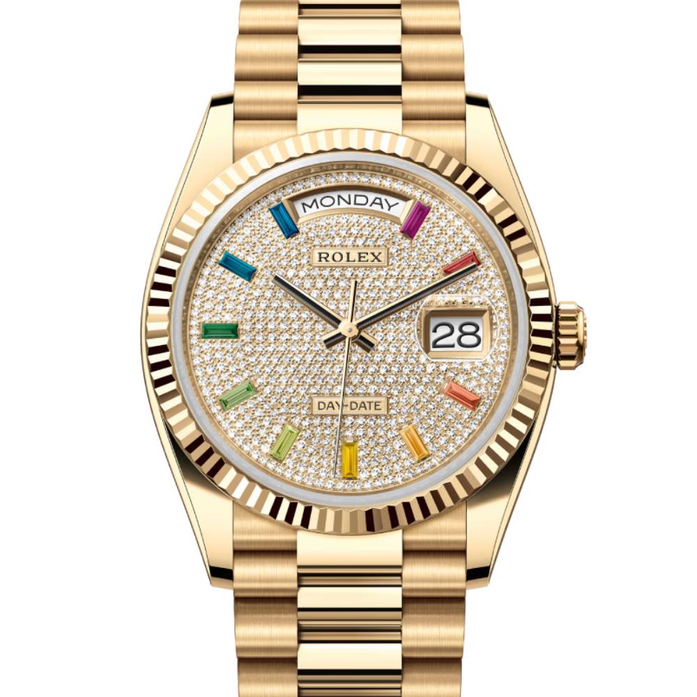 Rolex Day Date 36mm - Ref: 128238-0051 - Pave Rainbow Diamond Dial & Fluted Bezel, 18K Yellow Gold President Bracelet Watch