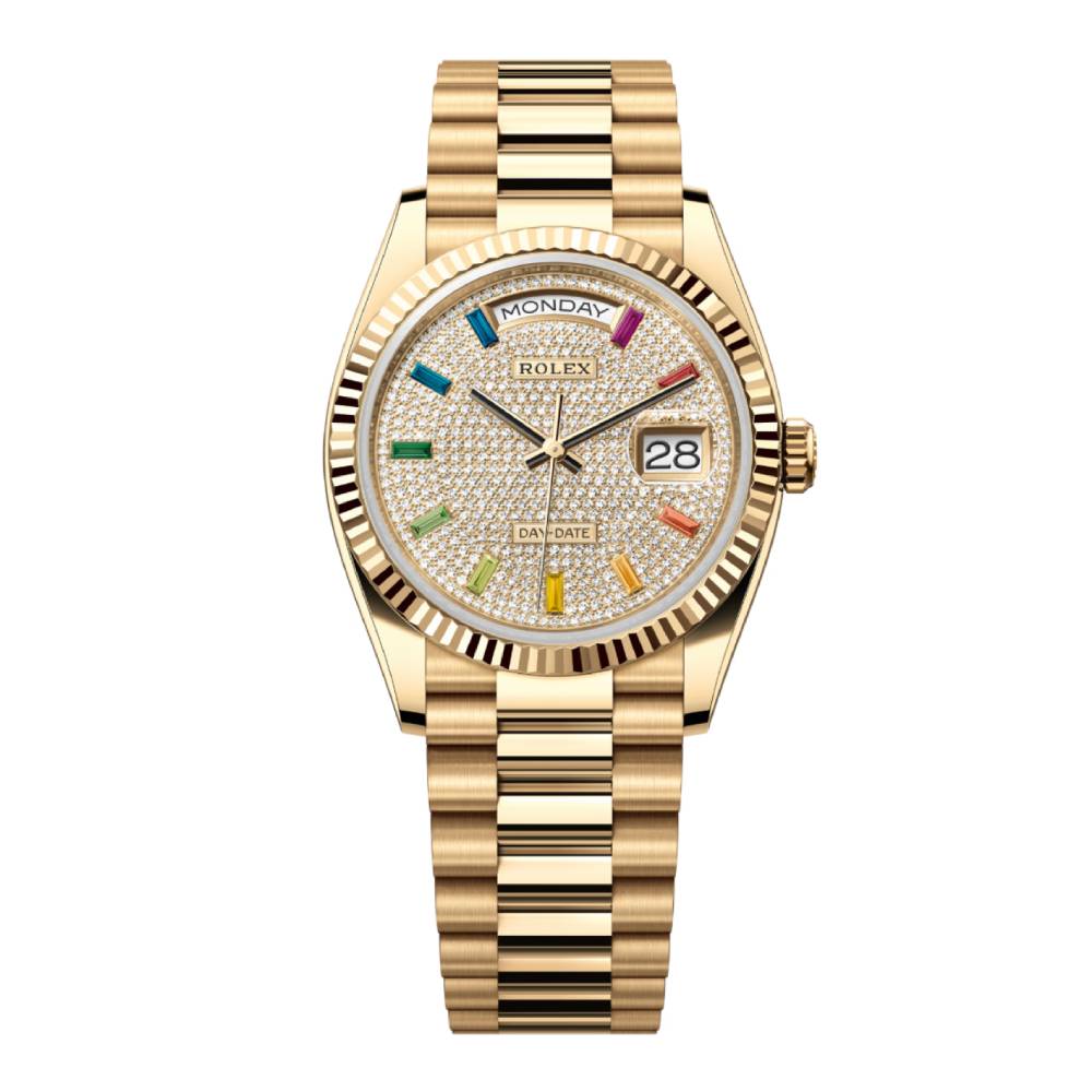 Rolex Day Date 36mm - Ref: 128238-0051 - Pave Rainbow Diamond Dial & Fluted Bezel, 18K Yellow Gold President Bracelet Watch