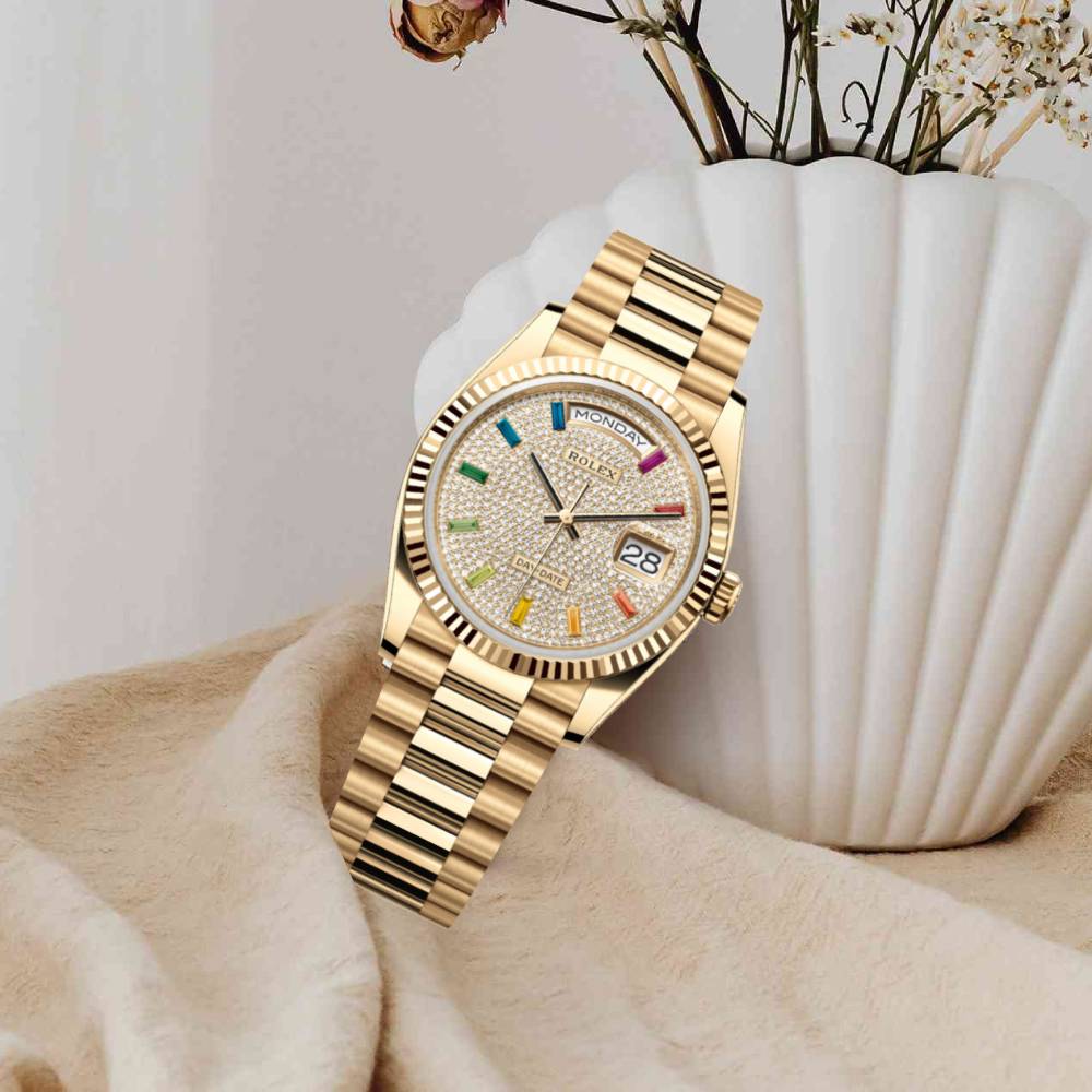 Rolex Day Date 36mm - Ref: 128238-0051 - Pave Rainbow Diamond Dial & Fluted Bezel, 18K Yellow Gold President Bracelet Watch