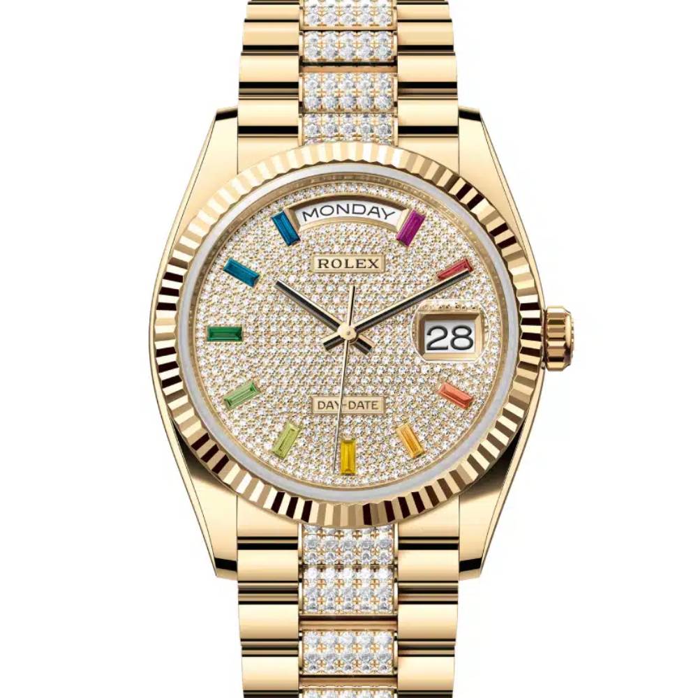 Rolex Day Date 36mm - Ref: 128238-0052 - Pave Rainbow Diamond Dial & Fluted Bezel, 18K Yellow Gold & Diamonds President Bracelet Watch