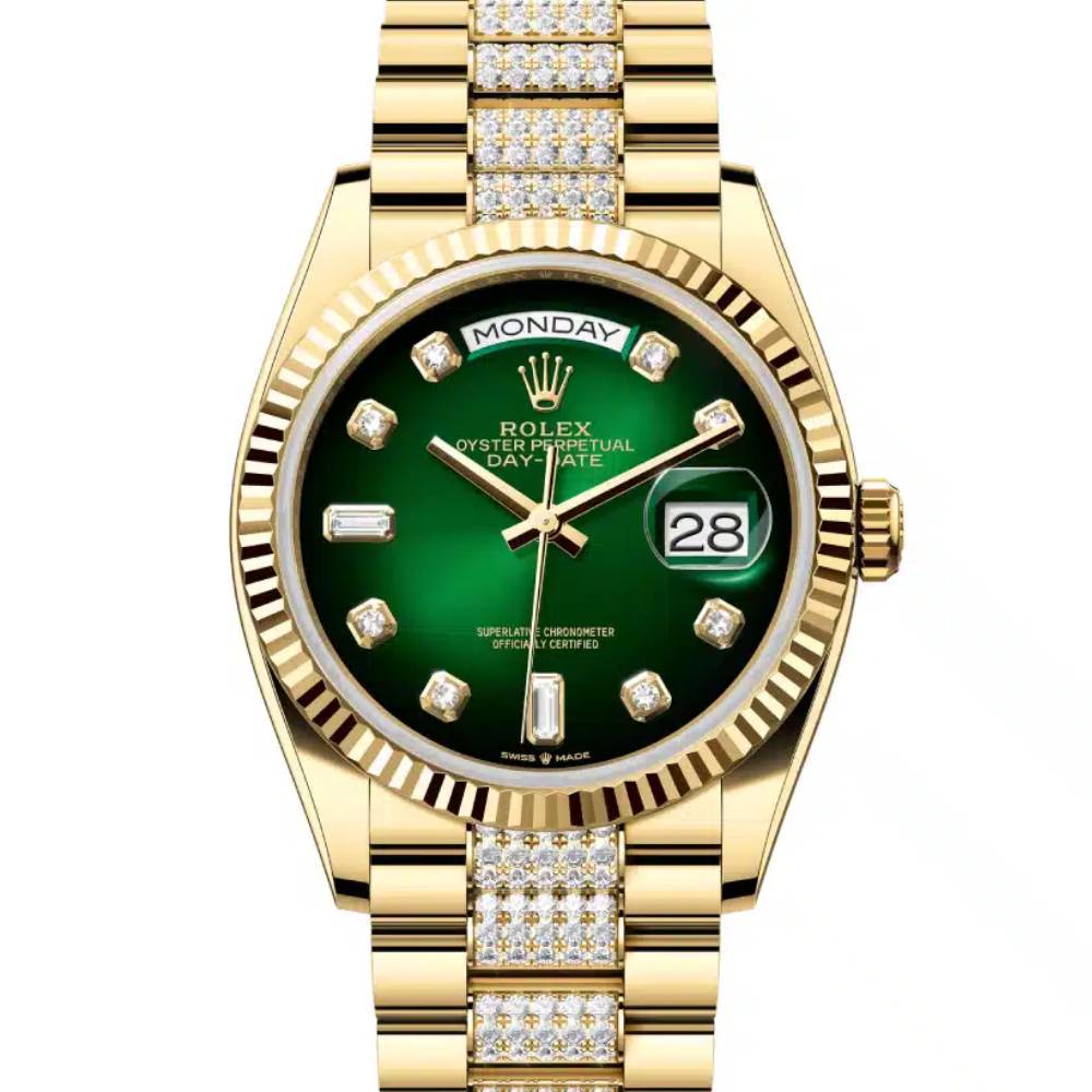 Rolex Day Date 36mm - Ref: 128238-0070 - Green Ombre Diamond Dial & Fluted Bezel, 18K Yellow Gold & Diamonds President Bracelet Watch