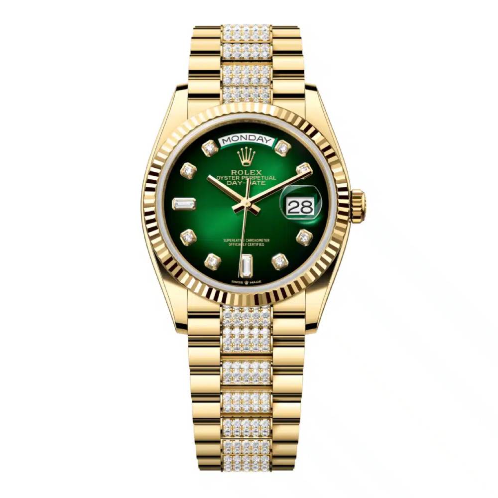 Rolex Day Date 36mm - Ref: 128238-0070 - Green Ombre Diamond Dial & Fluted Bezel, 18K Yellow Gold & Diamonds President Bracelet Watch