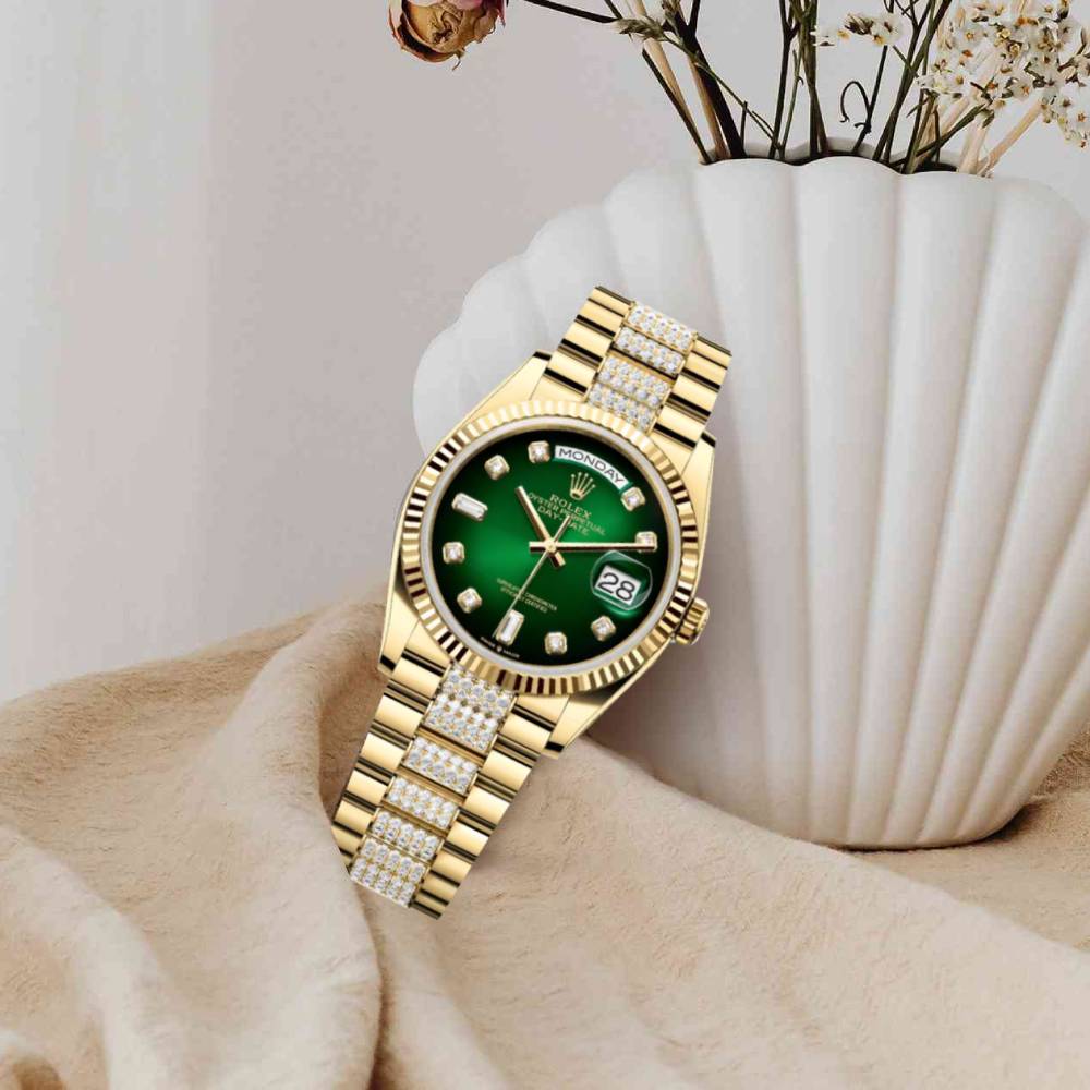 Rolex Day Date 36mm - Ref: 128238-0070 - Green Ombre Diamond Dial & Fluted Bezel, 18K Yellow Gold & Diamonds President Bracelet Watch