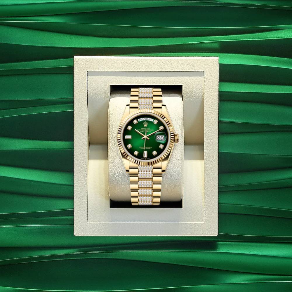 Rolex Day Date 36mm - Ref: 128238-0070 - Green Ombre Diamond Dial & Fluted Bezel, 18K Yellow Gold & Diamonds President Bracelet Watch