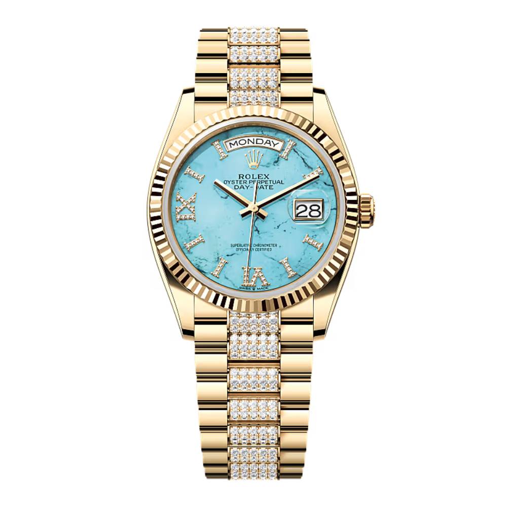 Rolex Day Date 36mm - Ref: 128238-0072 - Blue Turquoise Roman Diamond Dial & Fluted Bezel, 18K Yellow Gold & Diamonds President Bracelet Watch