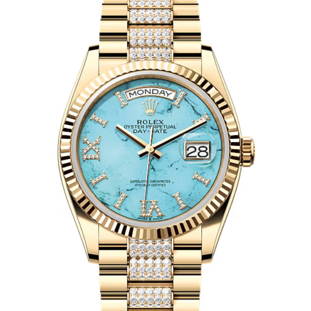 Rolex Day Date 36mm - Ref: 128238-0072 - Blue Turquoise Roman Diamond Dial & Fluted Bezel, 18K Yellow Gold & Diamonds President Bracelet Watch