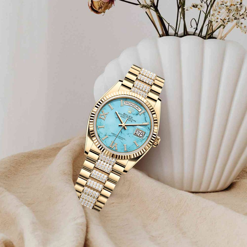 Rolex Day Date 36mm - Ref: 128238-0072 - Blue Turquoise Roman Diamond Dial & Fluted Bezel, 18K Yellow Gold & Diamonds President Bracelet Watch