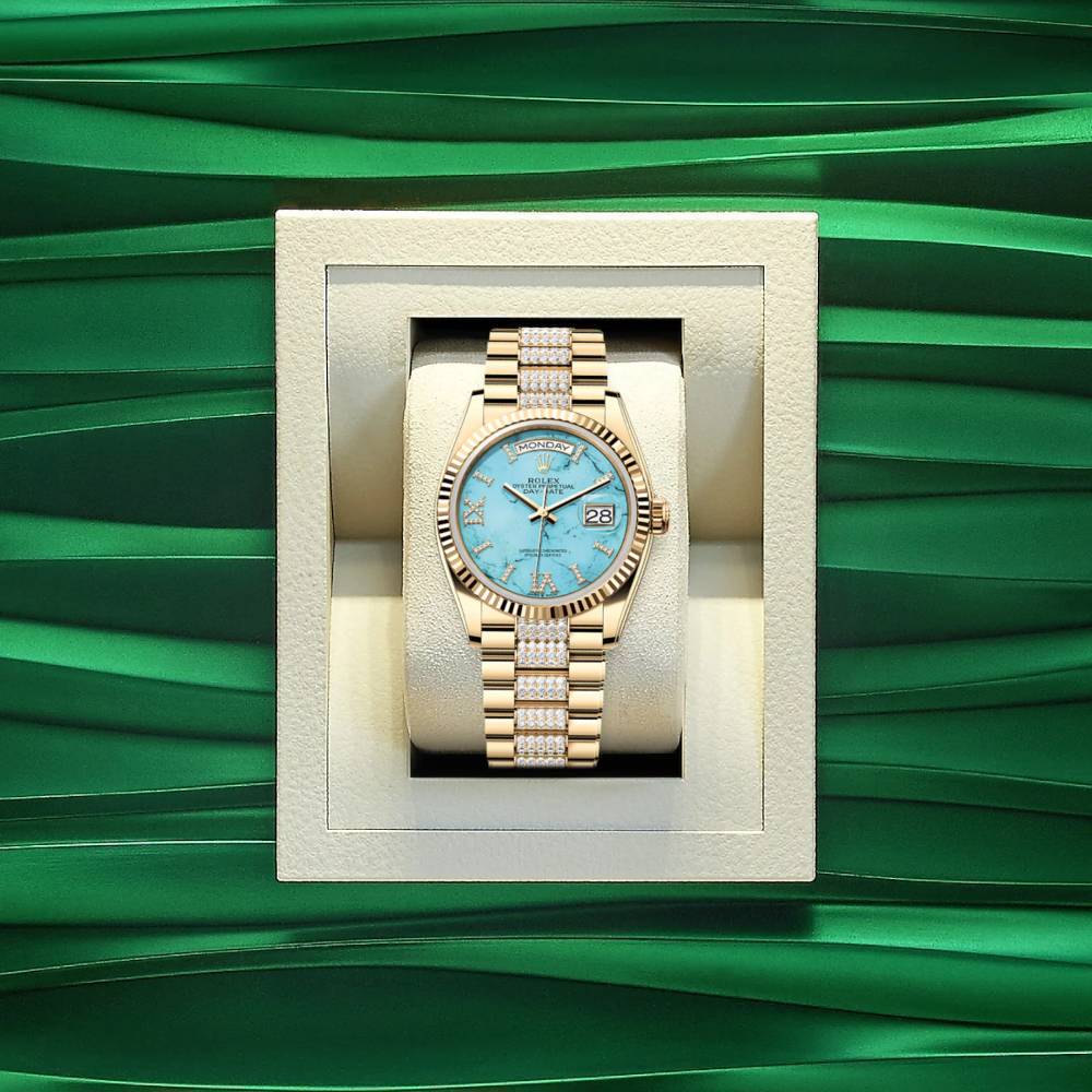 Rolex Day Date 36mm - Ref: 128238-0072 - Blue Turquoise Roman Diamond Dial & Fluted Bezel, 18K Yellow Gold & Diamonds President Bracelet Watch