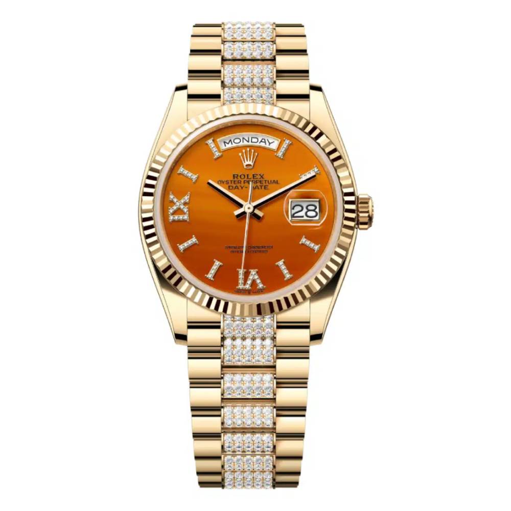 Rolex Day Date 36mm - Ref: 128238-0089 - Carnelian Orange Roman Diamond Dial & Fluted Bezel, 18K Yellow Gold & Diamonds President Bracelet Watch