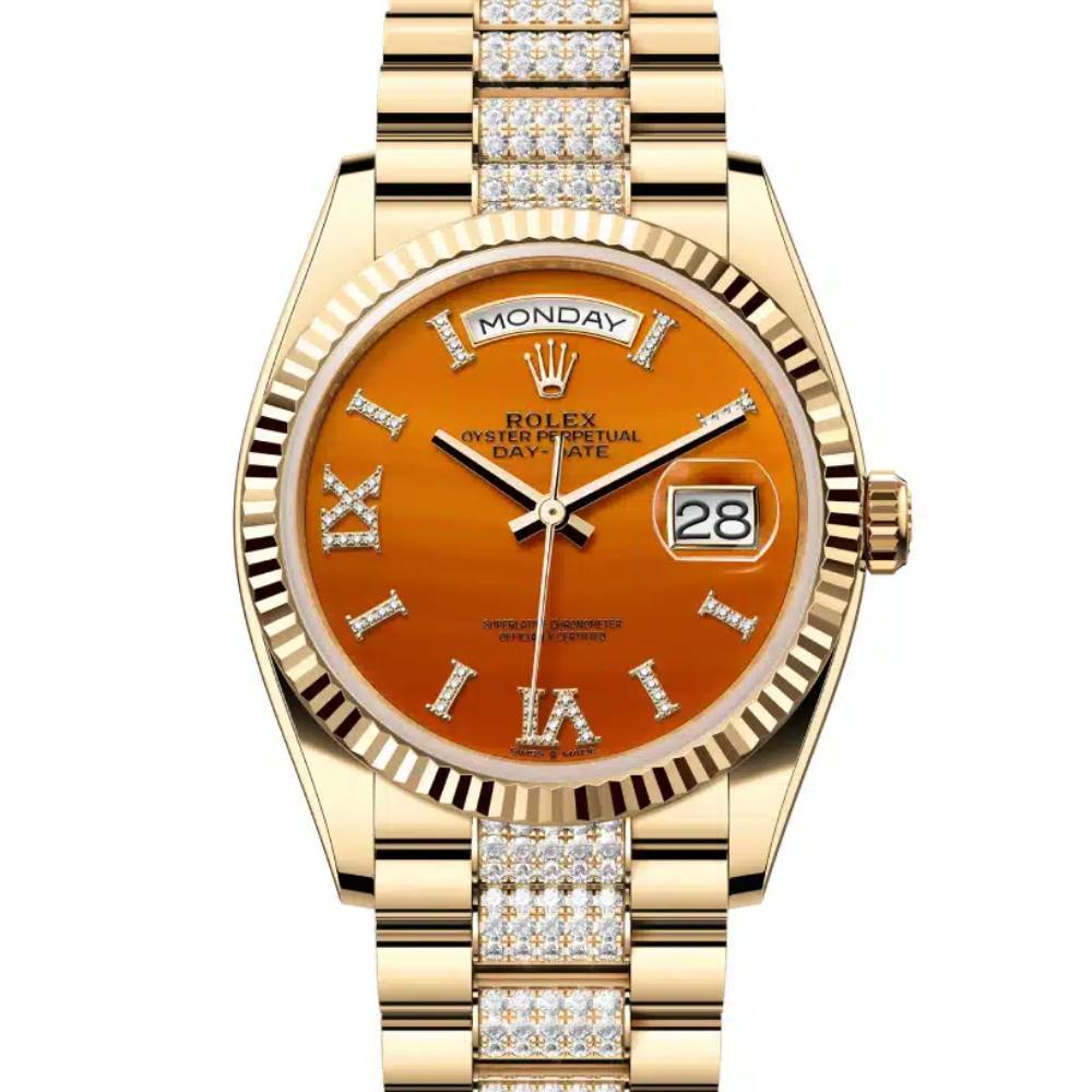 Rolex Day Date 36mm - Ref: 128238-0089 - Carnelian Orange Roman Diamond Dial & Fluted Bezel, 18K Yellow Gold & Diamonds President Bracelet Watch