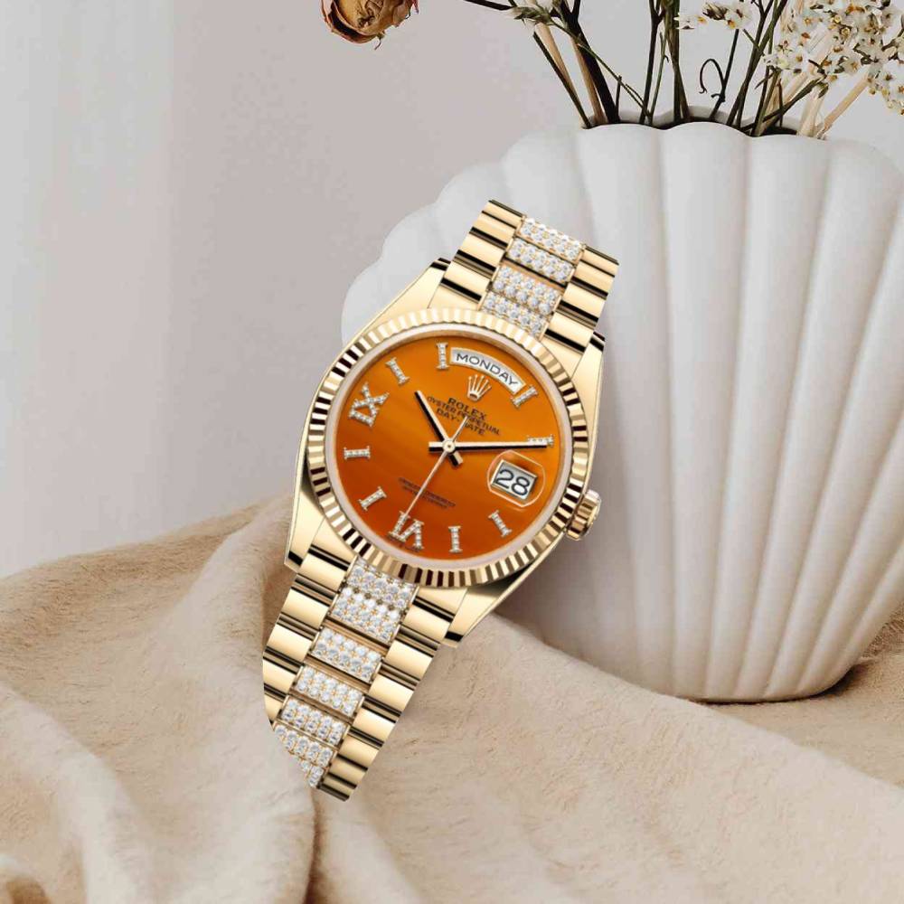 Rolex Day Date 36mm - Ref: 128238-0089 - Carnelian Orange Roman Diamond Dial & Fluted Bezel, 18K Yellow Gold & Diamonds President Bracelet Watch