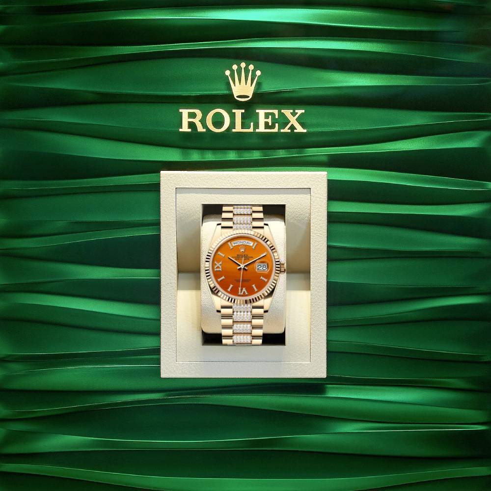 Rolex Day Date 36mm - Ref: 128238-0089 - Carnelian Orange Roman Diamond Dial & Fluted Bezel, 18K Yellow Gold & Diamonds President Bracelet Watch