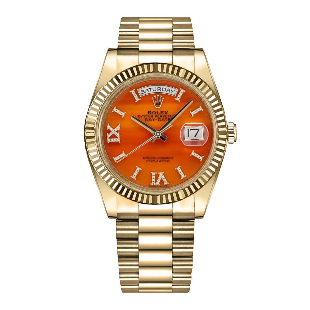 Rolex Day Date 36mm - Ref: 128238 - Carnelian Orange Roman Diamond Dial & Fluted Bezel, 18K Yellow Gold President Bracelet Watch