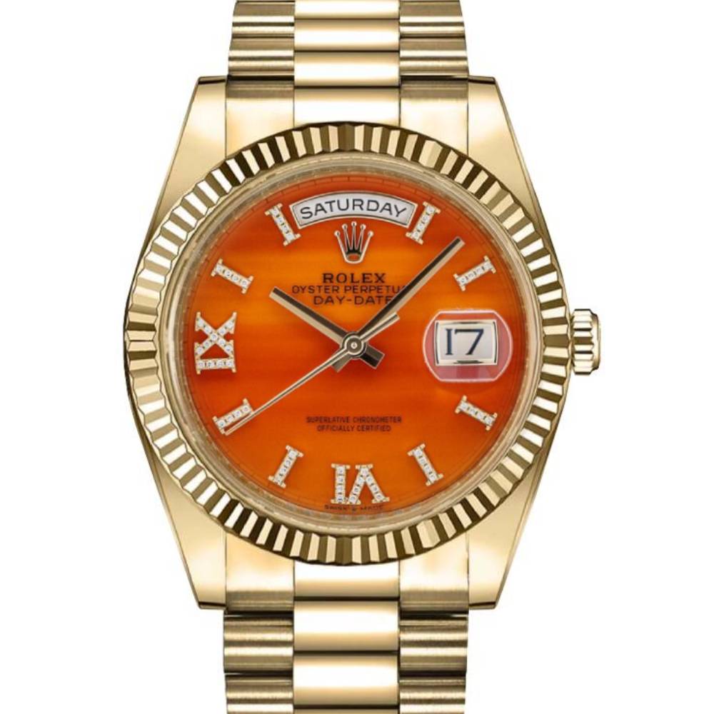 Rolex Day Date 36mm - Ref: 128238 - Carnelian Orange Roman Diamond Dial & Fluted Bezel, 18K Yellow Gold President Bracelet Watch