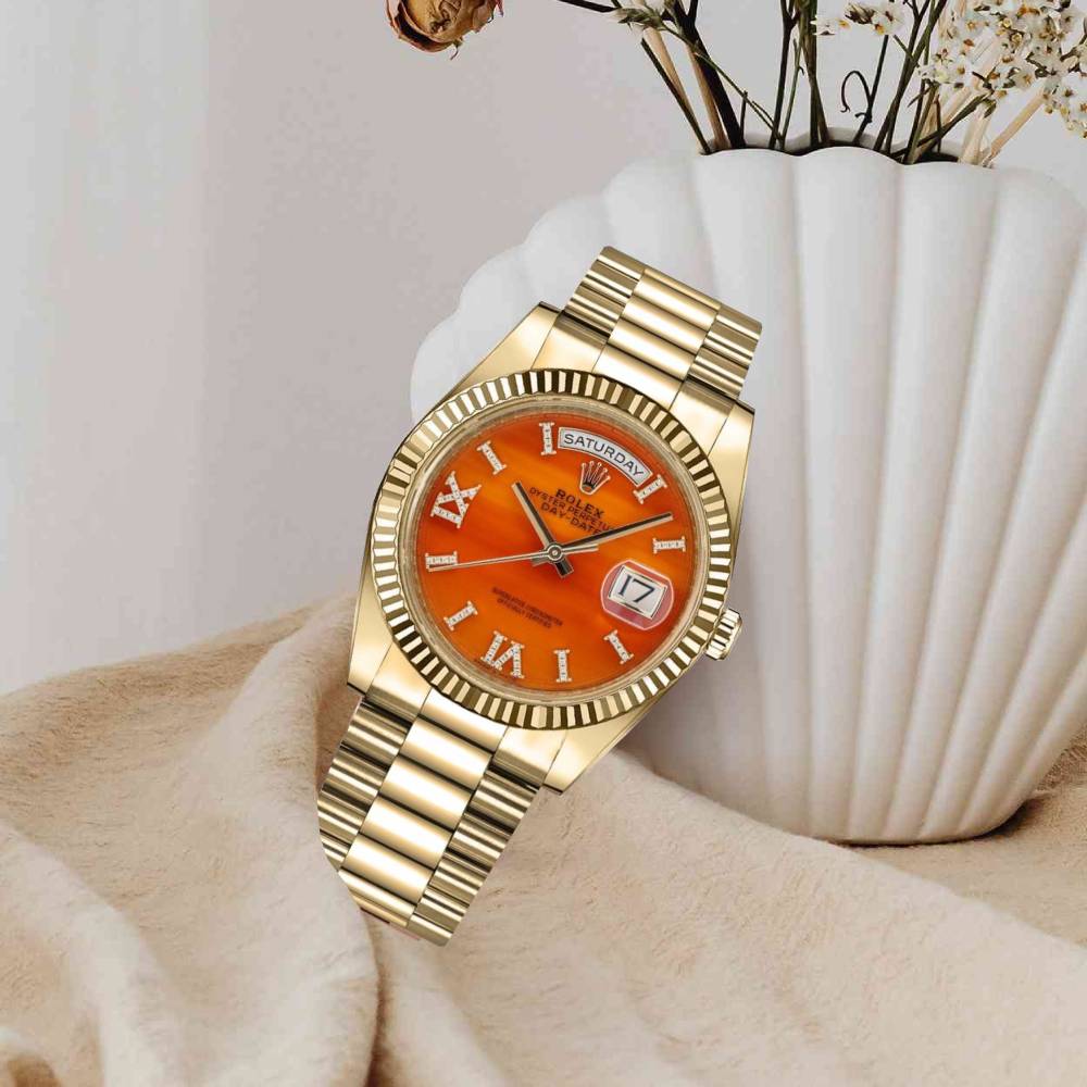 Rolex Day Date 36mm - Ref: 128238 - Carnelian Orange Roman Diamond Dial & Fluted Bezel, 18K Yellow Gold President Bracelet Watch